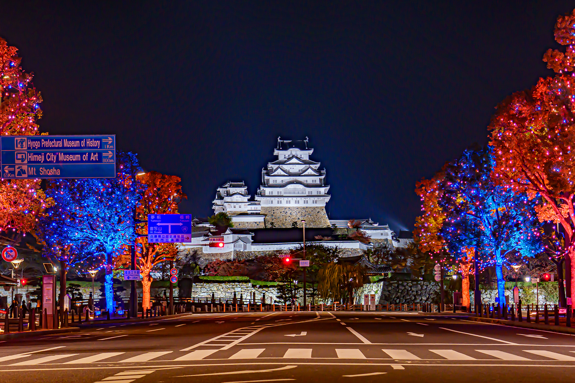 日本の道百選「大手前通」のイルミネーションと姫路城